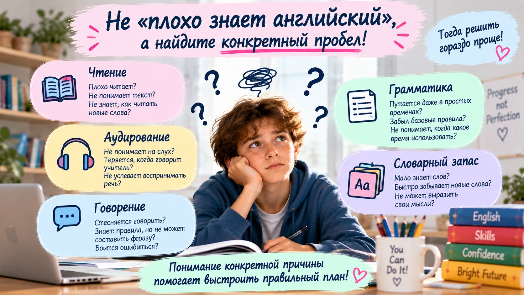 Что именно не получается в английском — чтение, аудирование, говорение, грамматика или словарный запас