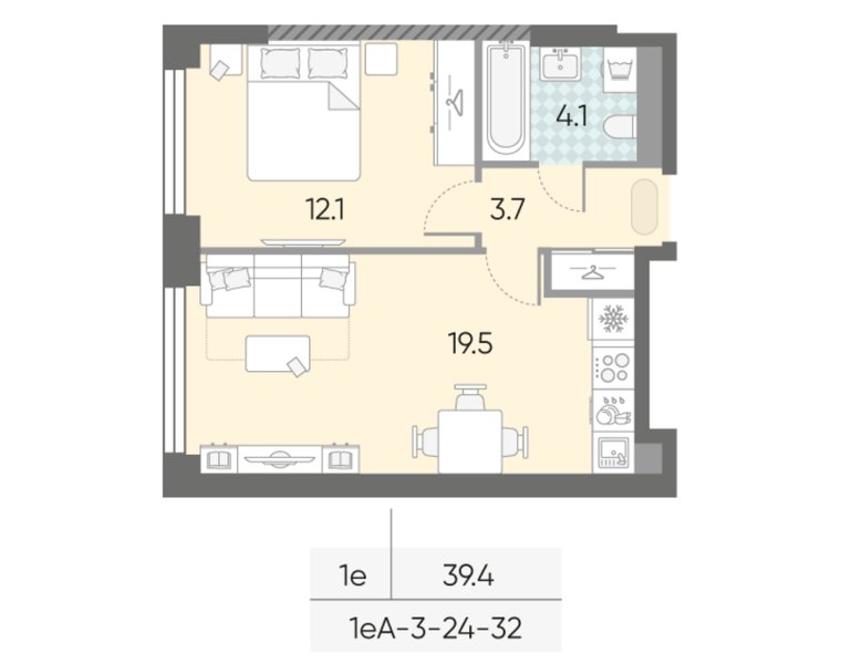 Планировка 1-комнатной евроквартиры 39,4 м² в ЖК «МАРК»: дом 33, 30-й этаж