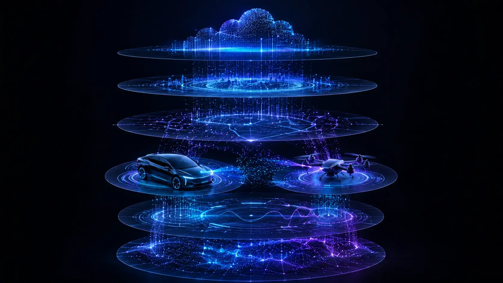 Abstract visualization of the five-layer autonomous mobility stack: sensors, perception, localization and mapping, planning and control, and cloud fleet management, connected by data flows between car and drone silhouettes.