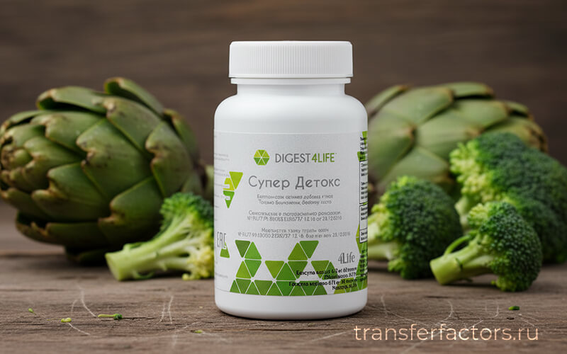 Банка 4Life Super Detox на деревянном столе на фоне артишоков и брокколи, фото продукта для поддержки печени и детоксикации