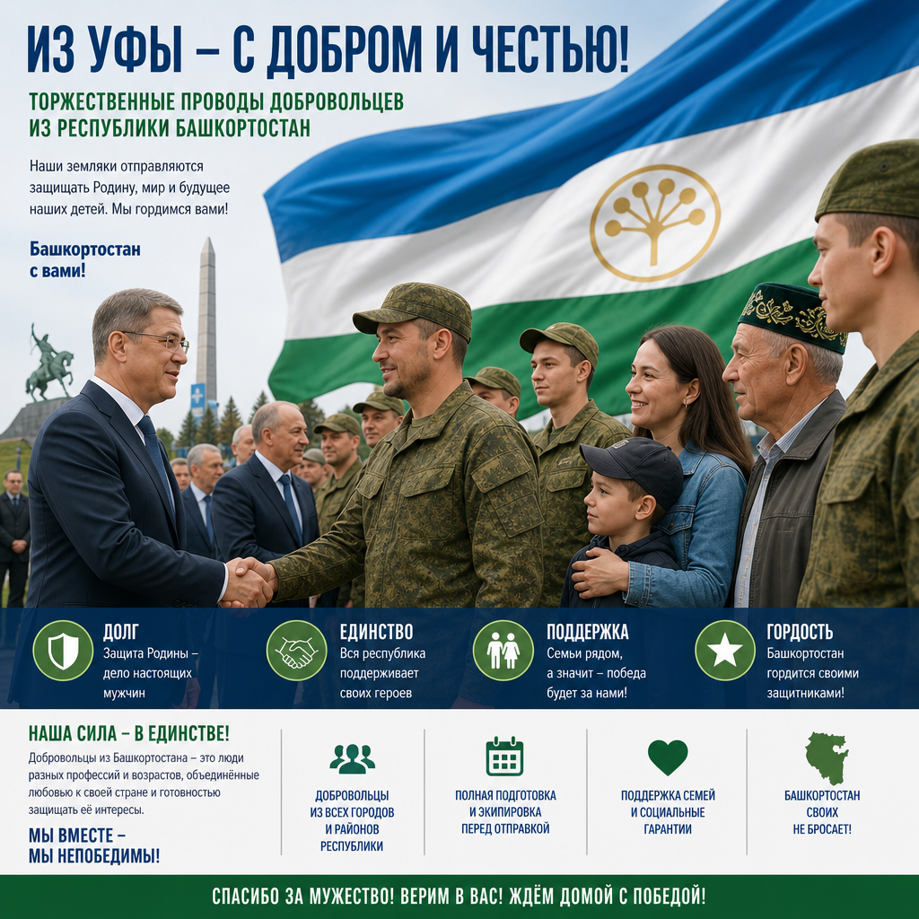 Группа мужчин разного возраста в военной форме на фоне флага Республики Башкортостан перед отправкой из Уфы — торжественные проводы добровольцев, рукопожатия с официальными лицами, семьи рядом