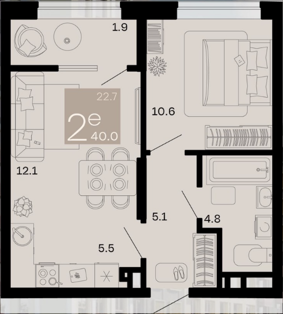 Планировка 1-комнатной квартиры 40.4 м²