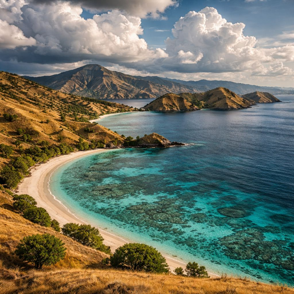 Pemandangan savana kering dan laut biru di Taman Nasional Komodo, Indonesia