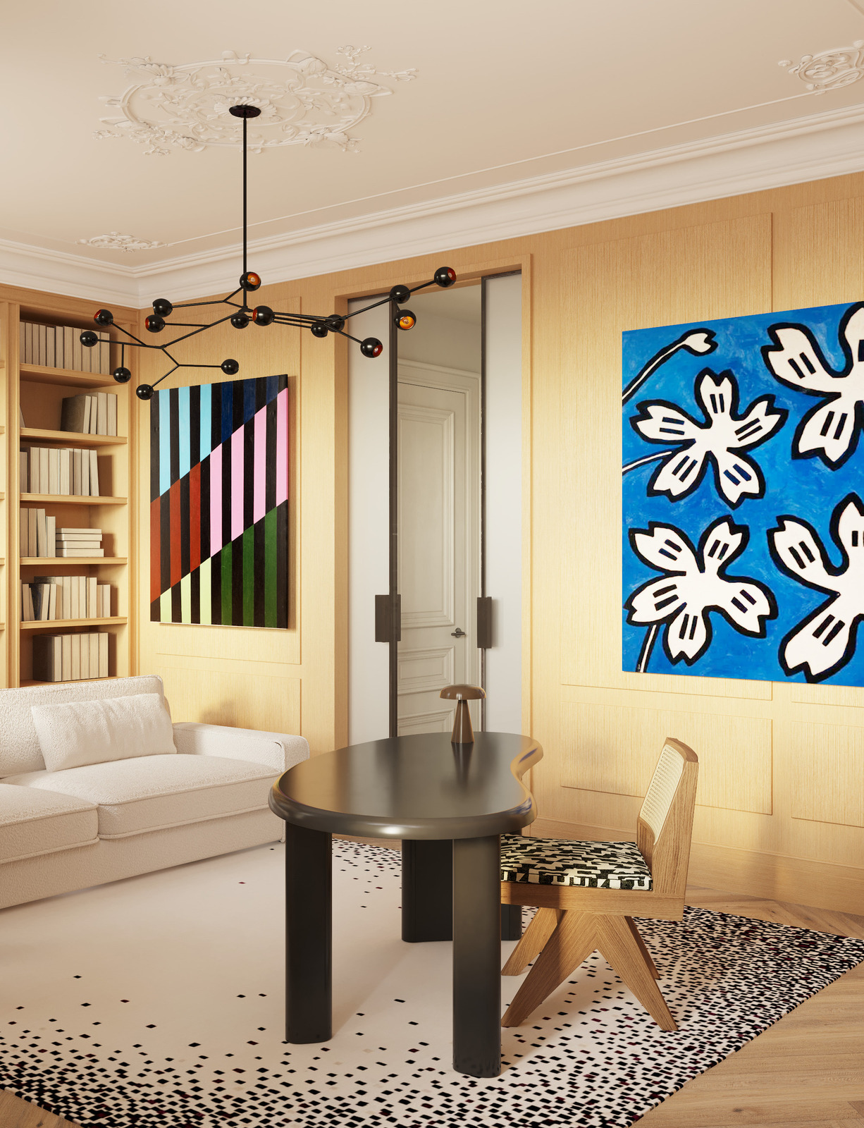 Светильник Pouenat, стол и стул Cassina, диван Meridiani, ковёр Atelier Fevrier в кабинете дизайн-проекта Екатерины Фёдоровой