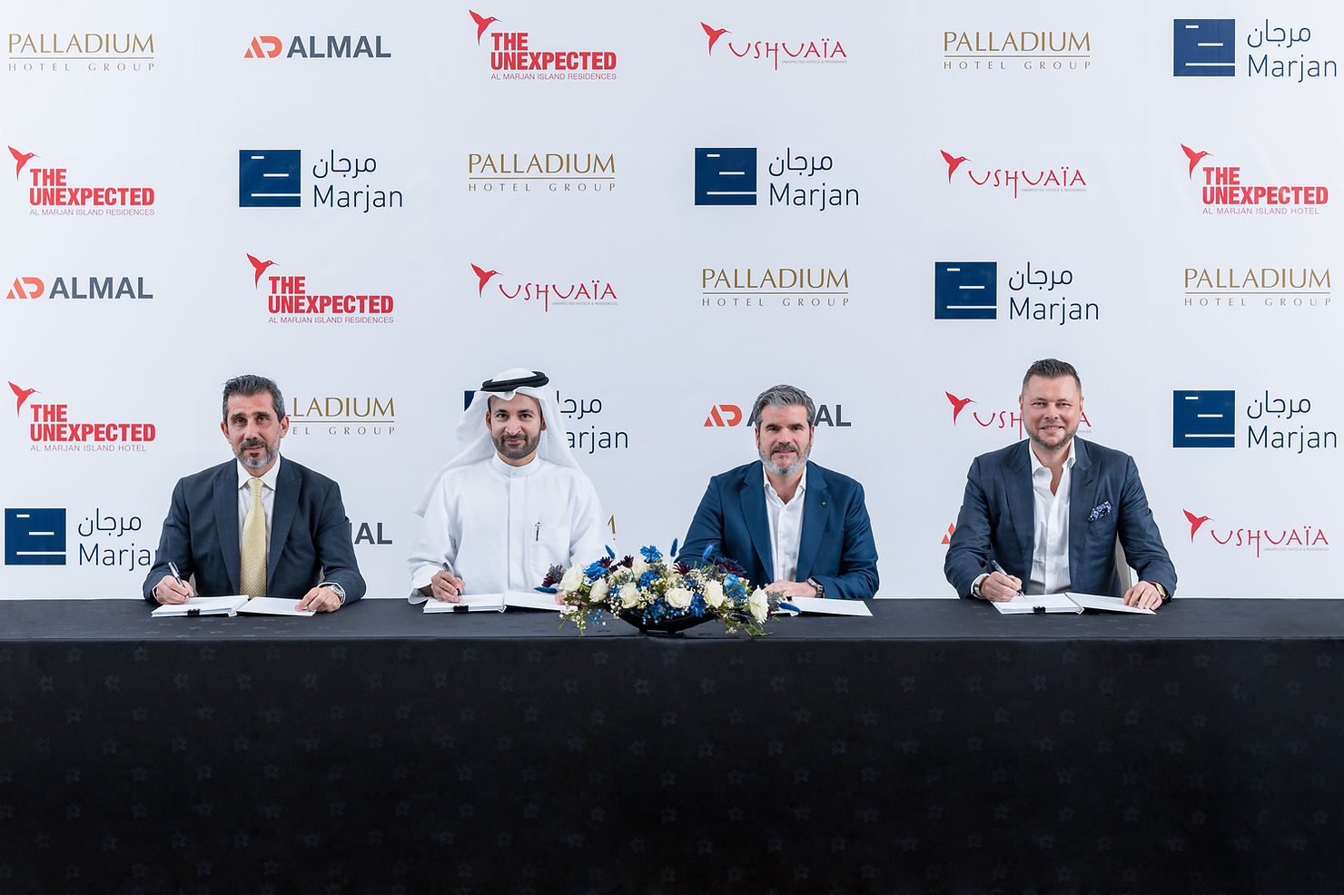 On the signing panel. From Right to Left: Dmytro Starovoitov, Founder, Almal Real Estate Development; Arch. Abdulla Al Abdouli, Chief Executive Officer, Marjan; Jesús Sobrino, Chief Executive Officer, Palladium Hotel Group; Khaled Assaf - Commercial Director, Marjan. 