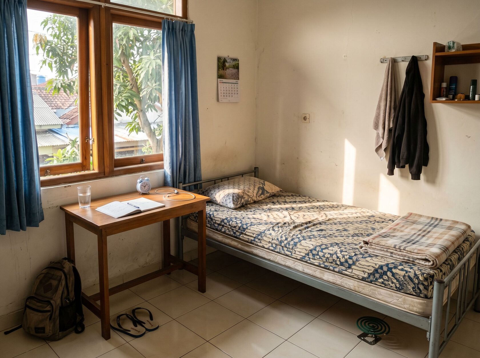 Kamar kos kecil yang rapi dan tenang dengan cahaya pagi alami