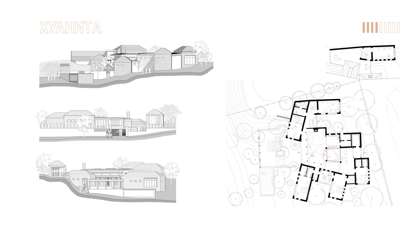 Проект частной виллы в Аргентине "Среди деревьев". Планировка пространств на территории виллы, сохранение природы на локации. Программа: мастер-спальня, детские комнаты, гостевая спальня, внутренний сад, каскадное террасирование, гриль, бассейн. Использование сочетания разных типов плитки.