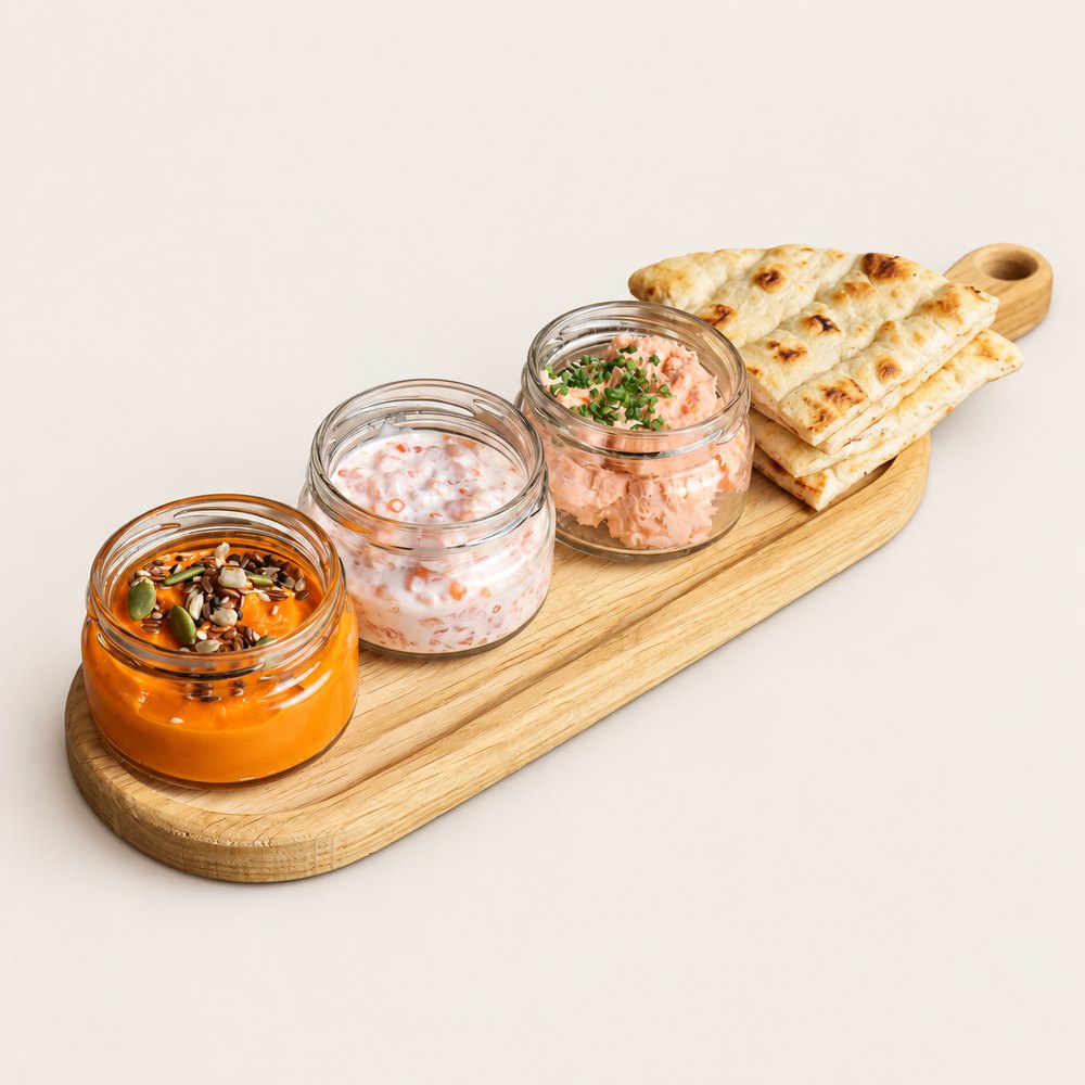 Сет намазок с питой: риет из лосося, икорная, хумус с рамиро