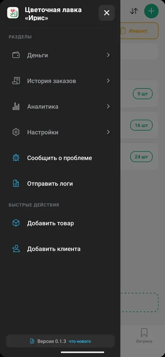 Меню приложения Posy: деньги, история заказов, аналитика, настройки