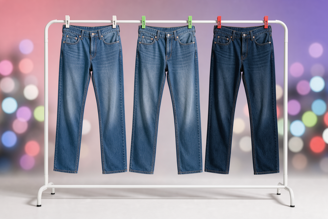 Jeans hanging to air-dry on a clothes rack in shade, smoothed and shaped, no brand labels or drying machine depicted