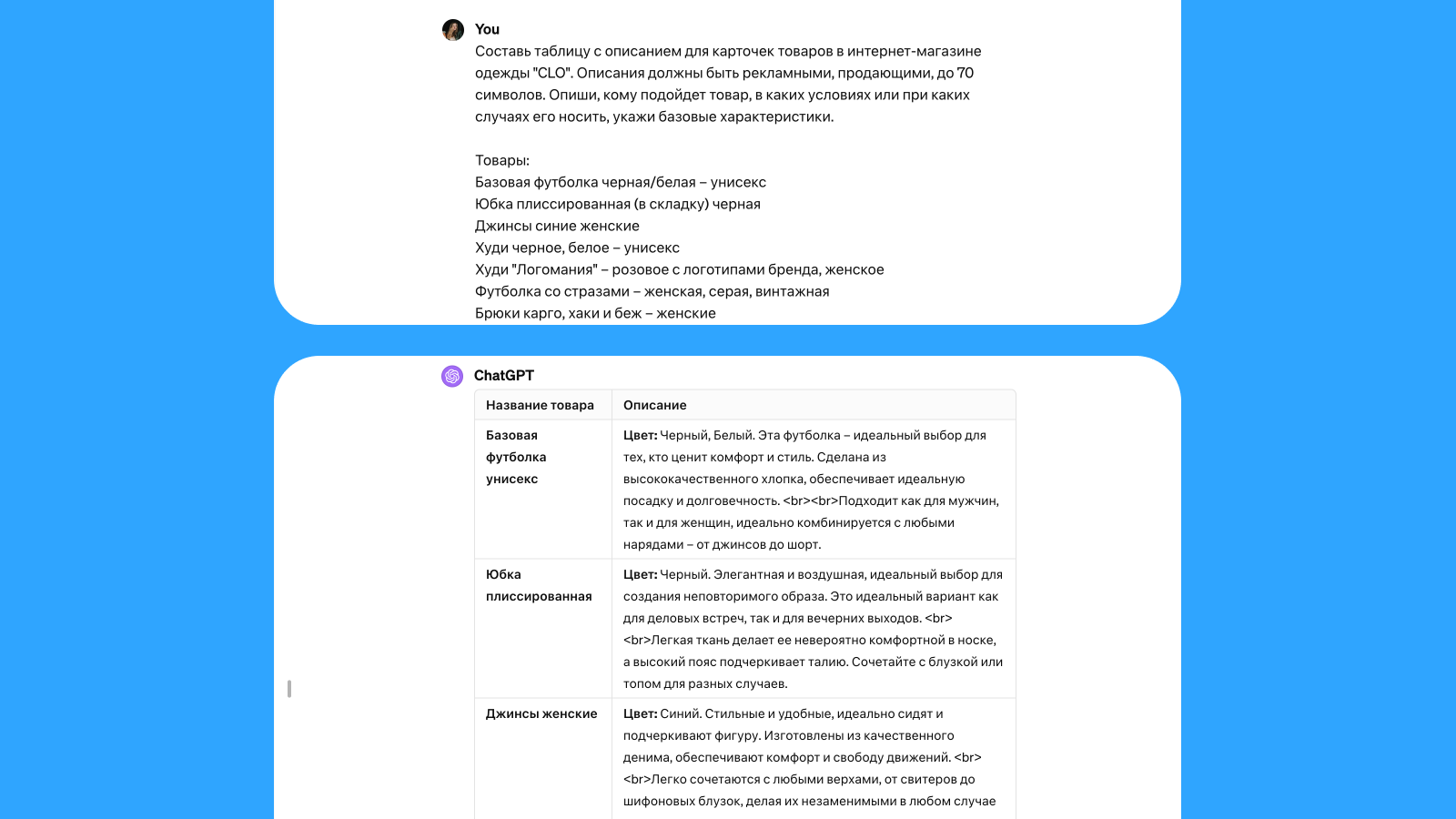 как сделать описания товара в ChatGPT