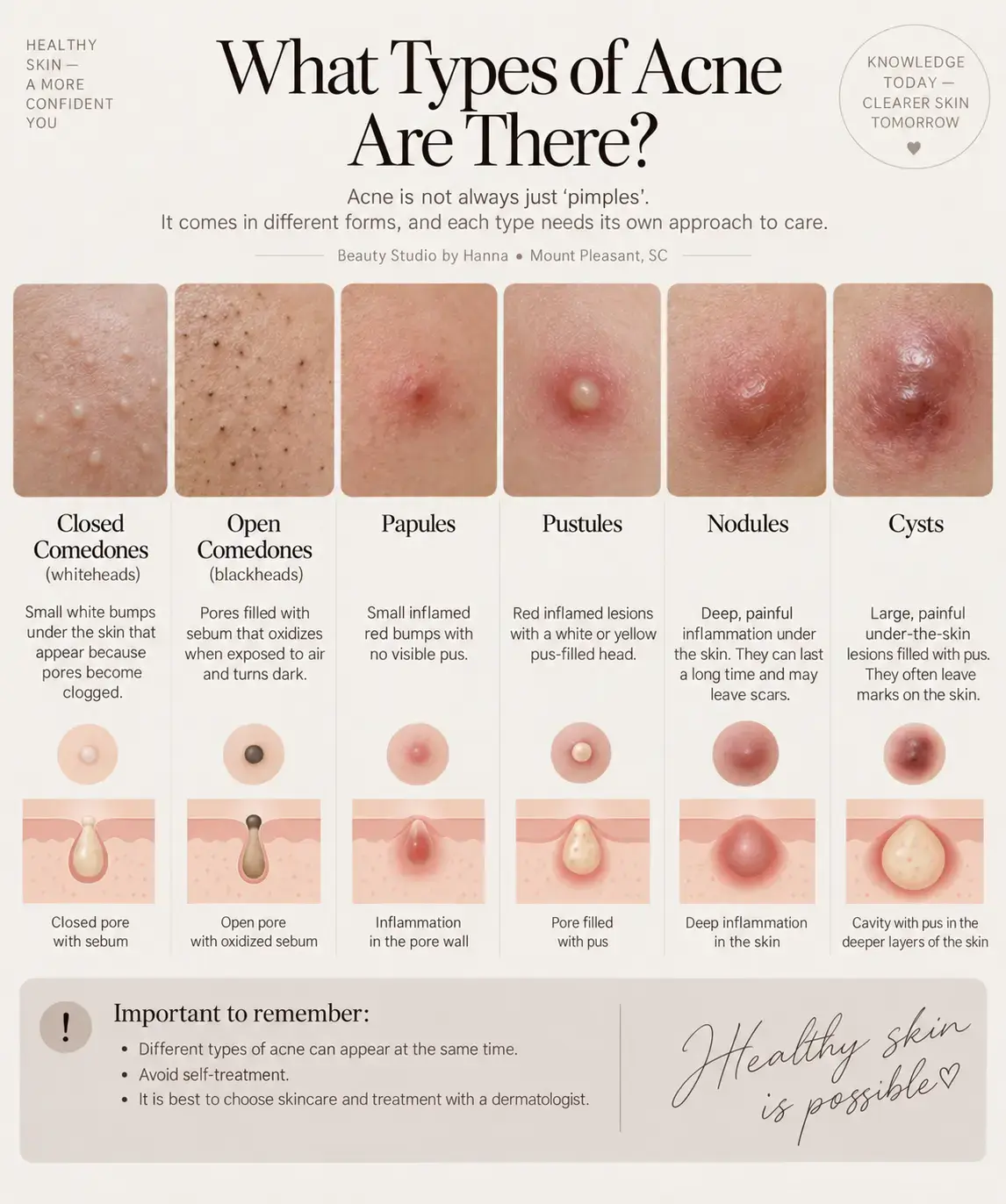 Common types of acne including blackheads, whiteheads, papules, pustules, nodules, and cysts