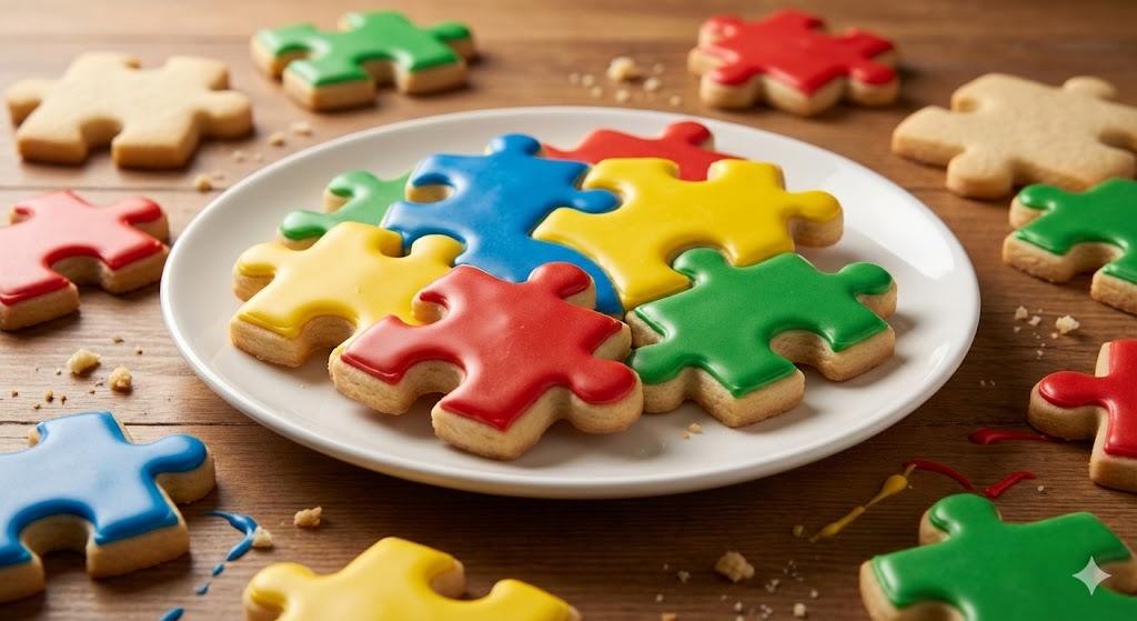 Сахарное печенье в форме пазлов с цветной глазурью