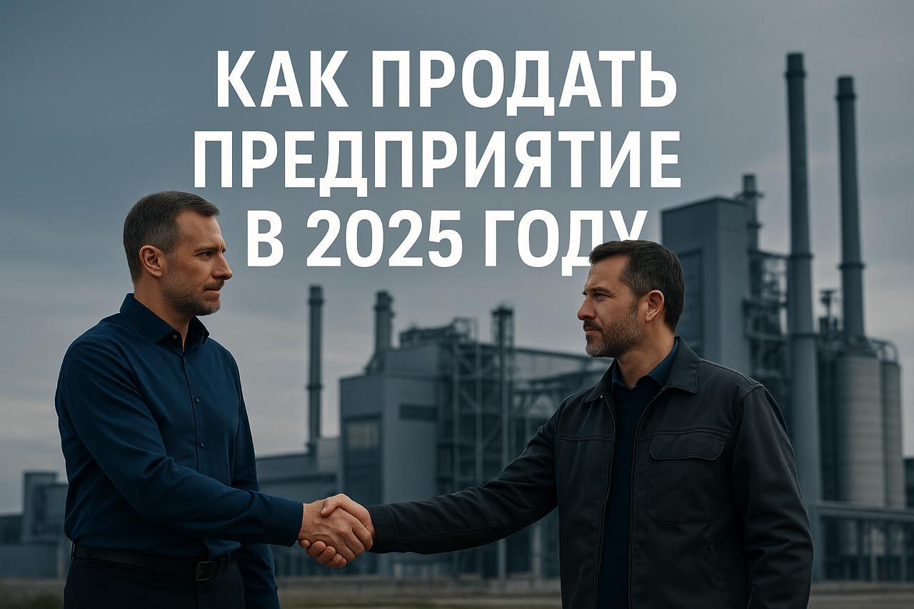 два современных руководителя (или собственника) бизнеса на фоне индустриального предприятия, компактная надпись «Как продать предприятие в 2025 году». Стиль — минимализм, деловая атмосфера, Россия, 2025.