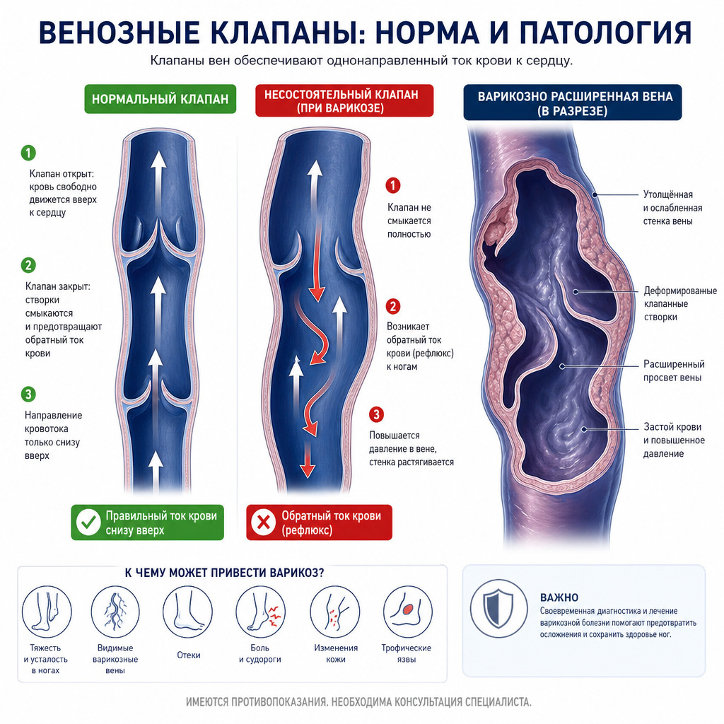 Схема нормального и несостоятельного венозного клапана