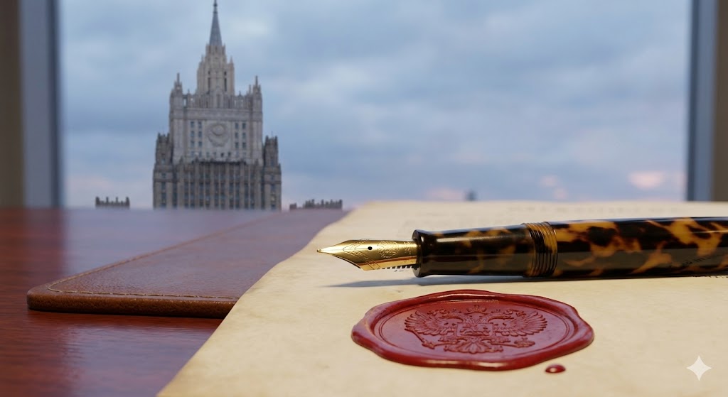 Перьевая ручка и документ с печатью на столе дипломата на фоне здания МИД РФ