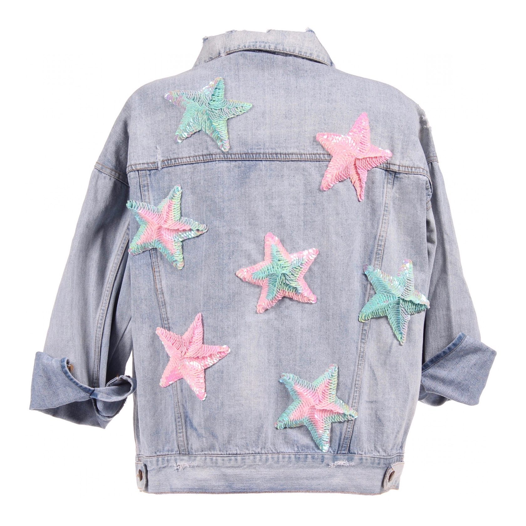 Джинсовая курточка &quot; Розовые звезды&quot; вручную расшитая пайетками, вид сзади