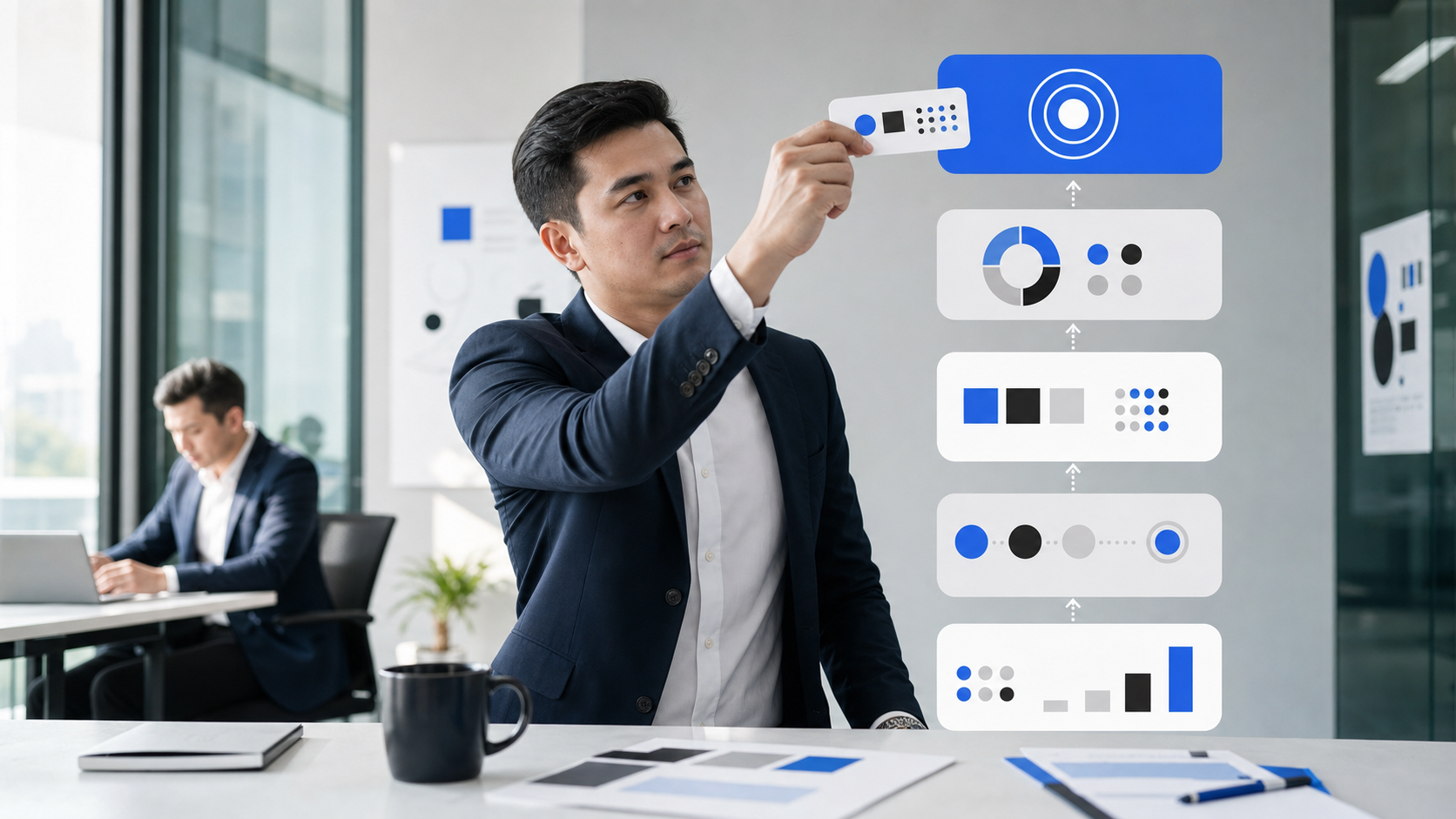 A five-layer media plan connects a business objective to budget and individual placements.