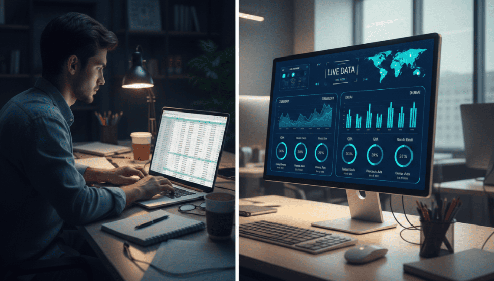 Contrast between manual media planning in a spreadsheet and AI-powered real-time campaign optimization across multiple markets including Central Asia and MENA