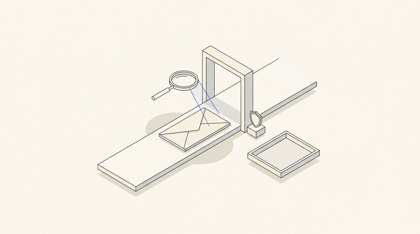 A magnifying glass examines an envelope at a mail filter beside a shield and a separate message tray.