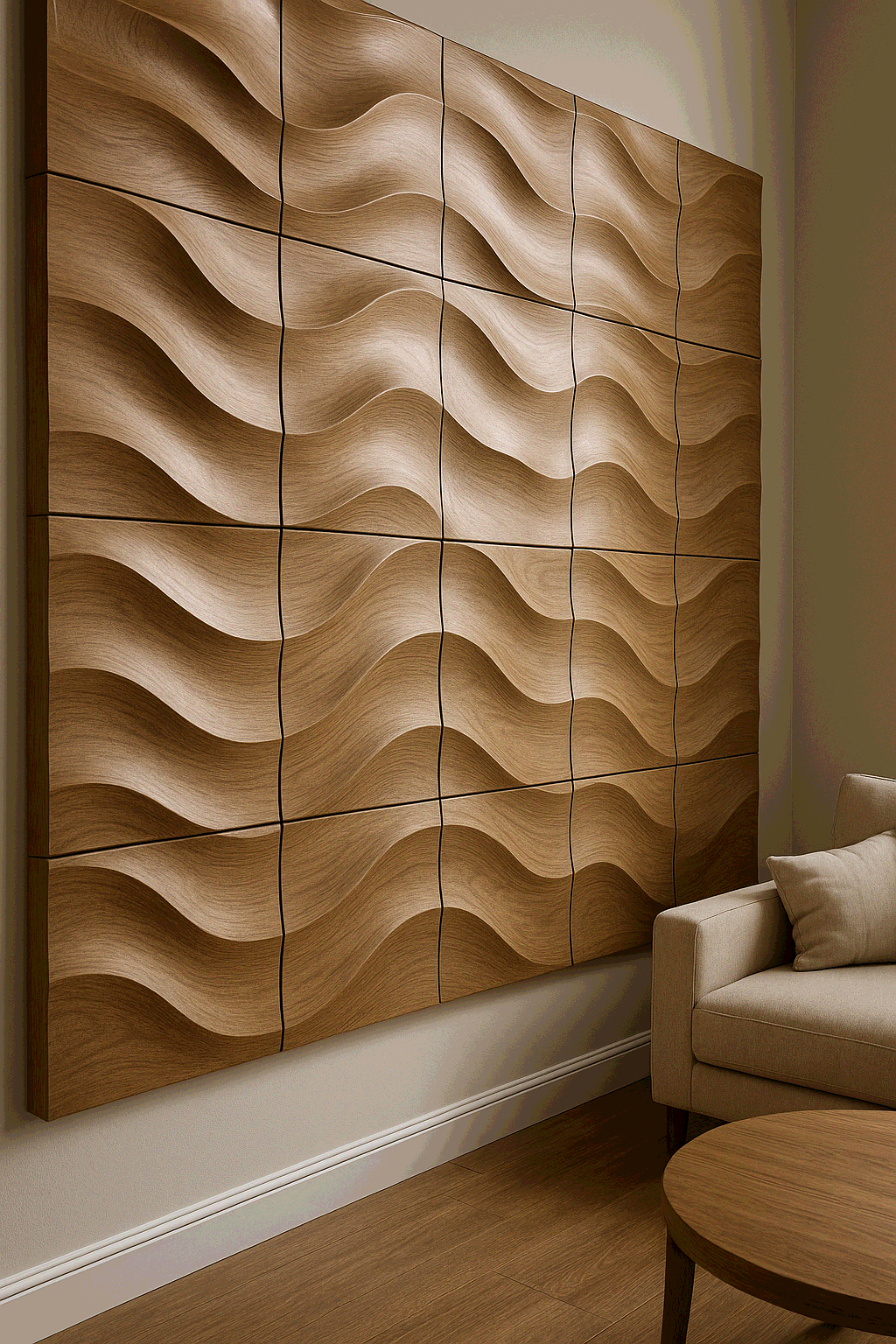 Реалистичная интерьерная визуализация с объёмными 3D-панелями из МДФ на стене, современный светлый дизайн с рельефной геометрией и качественной отделкой.