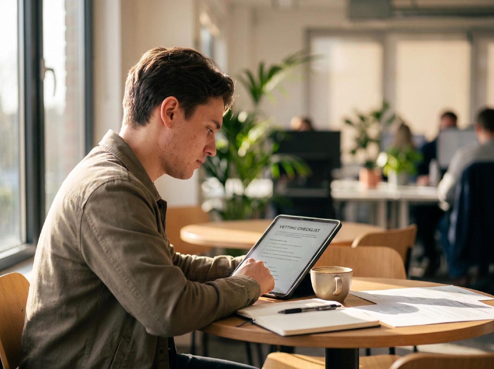 A founder reviewing a vetting checklist on a tablet, coffee cup nearby, startup office in soft focus background