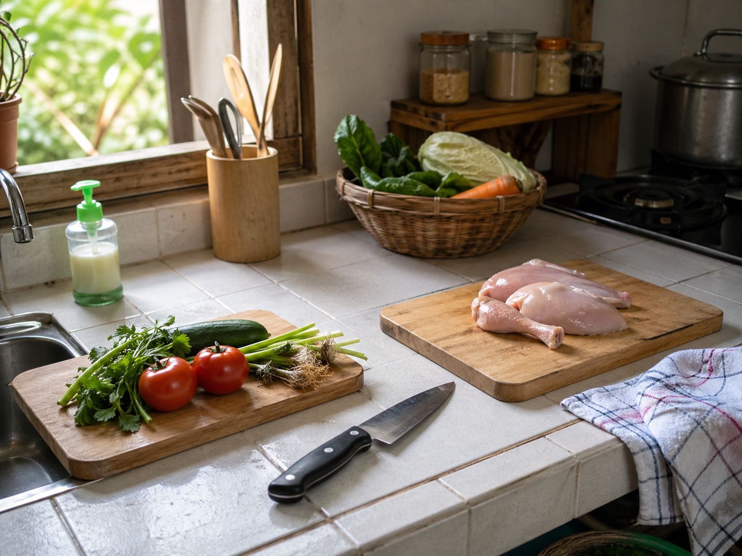 talenan terpisah untuk sayur dan daging di dapur rumah