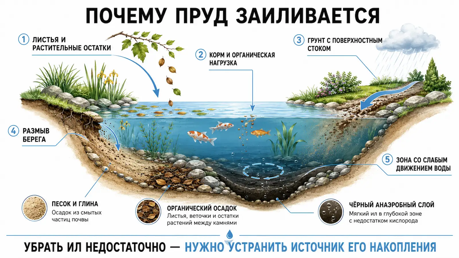 Схема причин заиления пруда: органика, поверхностный сток, размыв берегов и застойные зоны