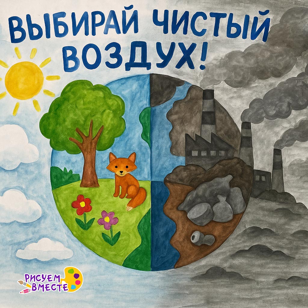 Экологический рисунок ребёнка на тему «Берегите воздух»: планета Земля разделена на две части. Слева — голубое небо, солнце, зелёное дерево, цветы и лиса, символизирующие чистый воздух и природу. Справа — серое небо, дымящие заводские трубы, мусор и смог. Надпись: «Выбирай чистый воздух!»