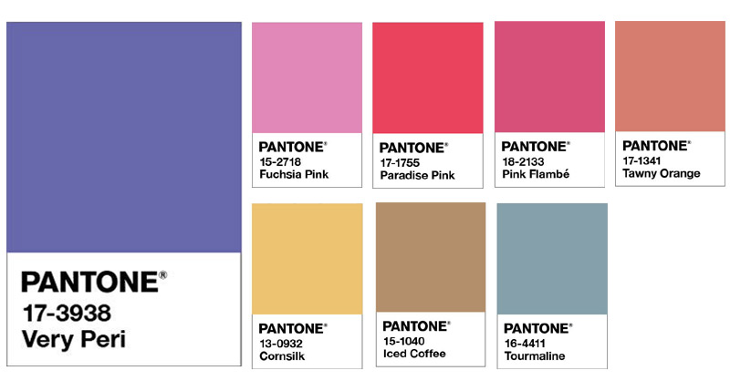 Комбинация на модерния цвят за 2022 Very Peri с розово, червено, жълто и синьо