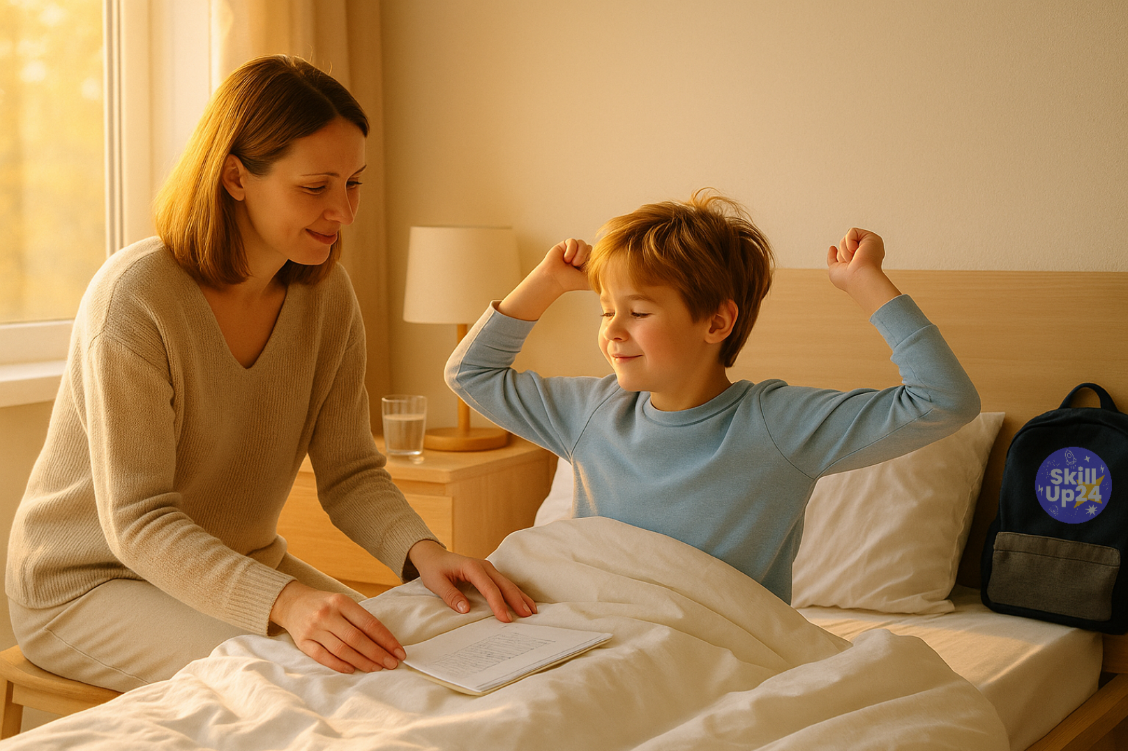 Ребёнок 8–12 лет просыпается утром в уютной комнате, родитель заботливо поправляет одеяло, мягкий солнечный свет через окно, на заднем плане школьный портфель и спокойная домашняя атмосфера