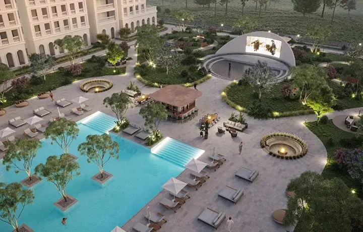 Вид сверху на бассейн и парковую зону комплекса Николай I Hotel and Spa