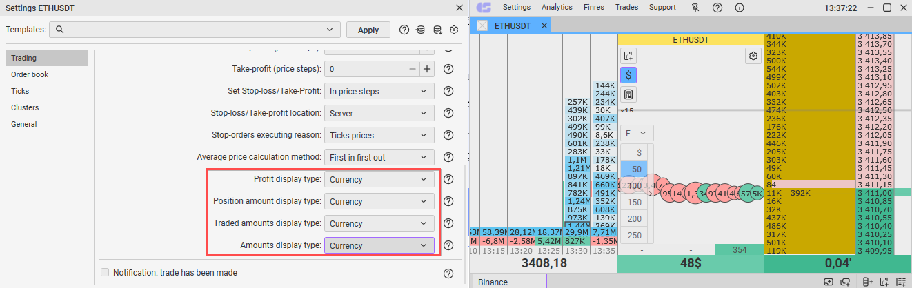 CScalp new settings: It is now possible to choose to display volumes in $ or lots