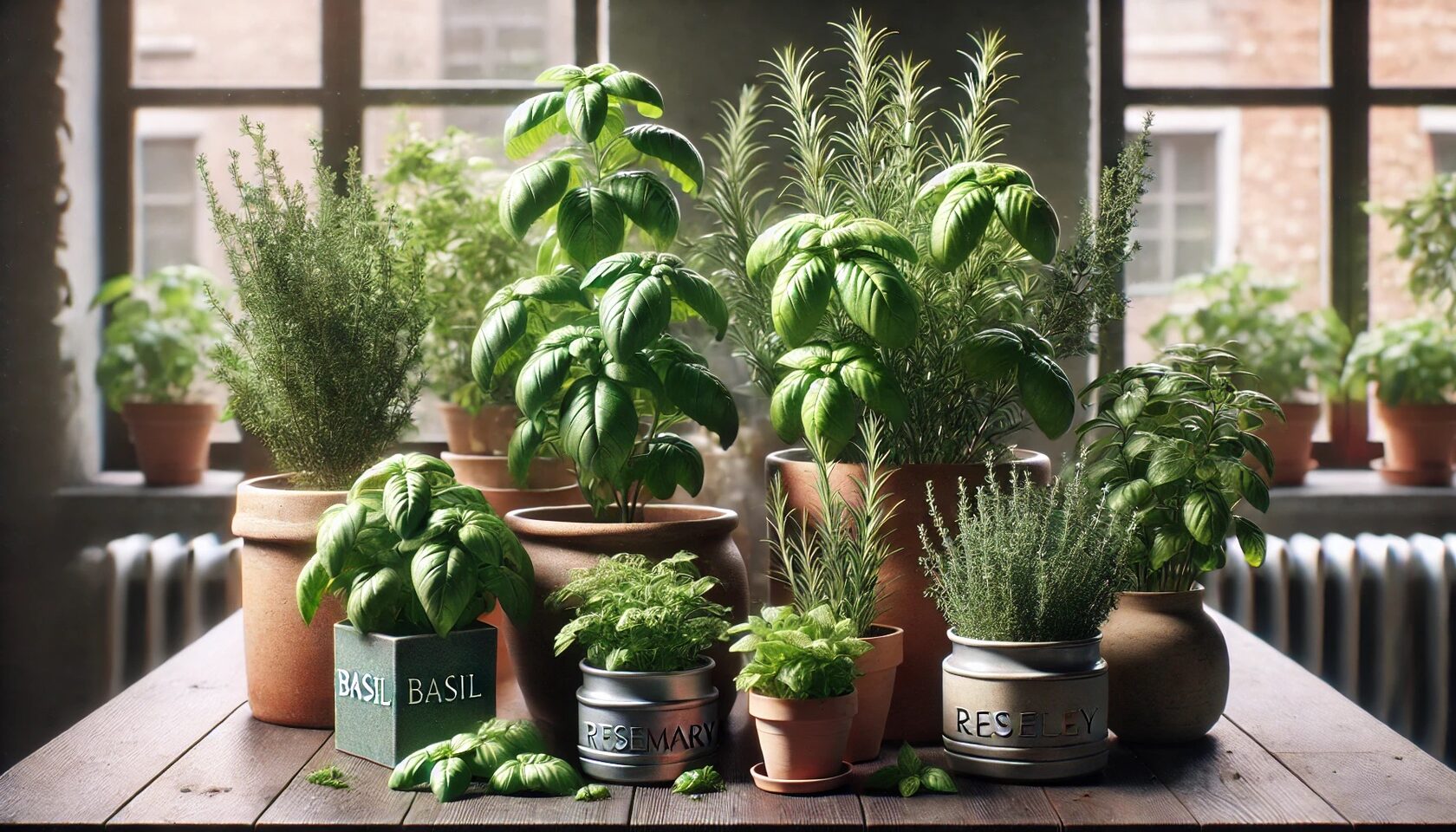 Basil, rosemary, and parsley growing in pots indoors, illustrating how to move garden herbs inside for winter
