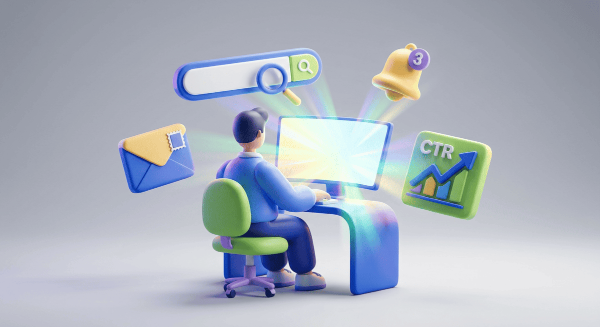 Объёмная 3D-иллюстрация: в центре — надутая фигура специалиста за компьютером, вокруг него парят объёмные иконки