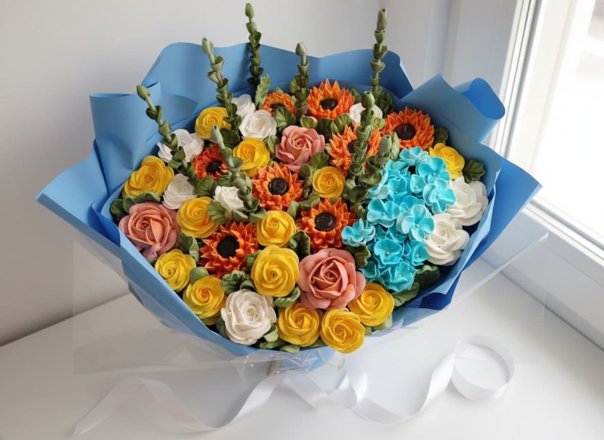 Букет из подсолнухов, роз, гортензии из зефира VIP №7 1