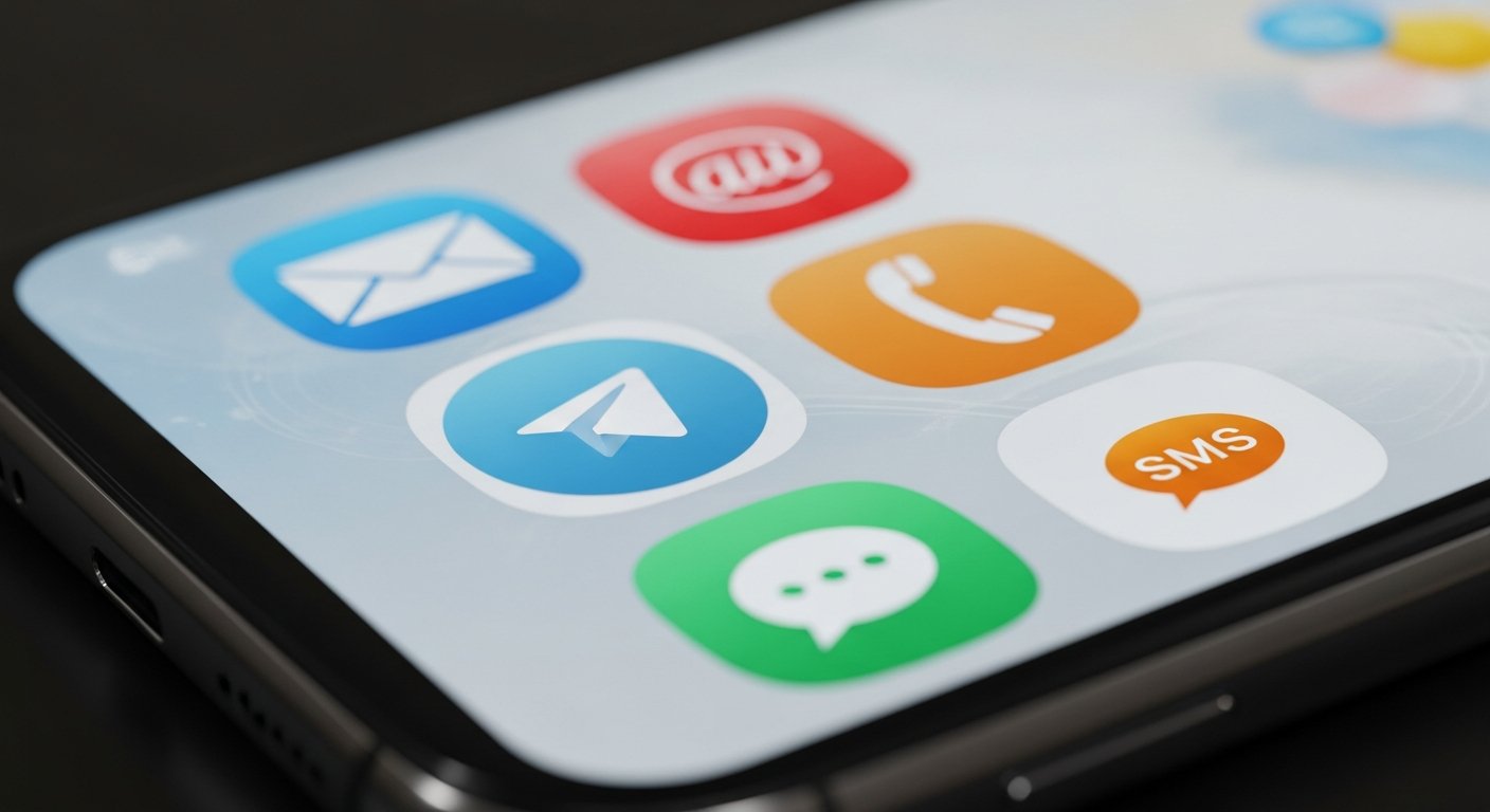 Мобильный телефон с иконками Telegram, email, голосовых вызовов и SMS на экране, разные каналы оповещения