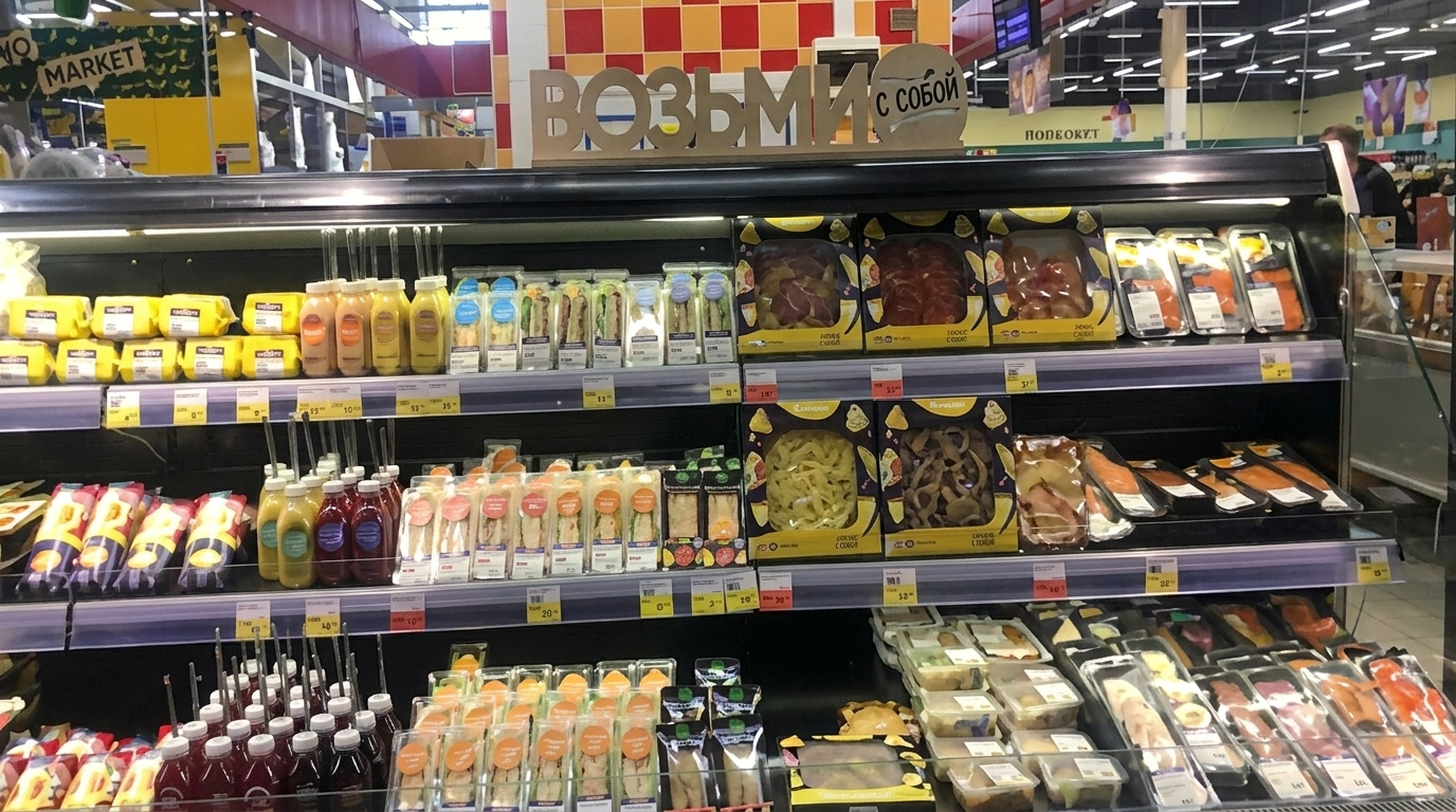 Витрина с салатами и готовой продукцией
