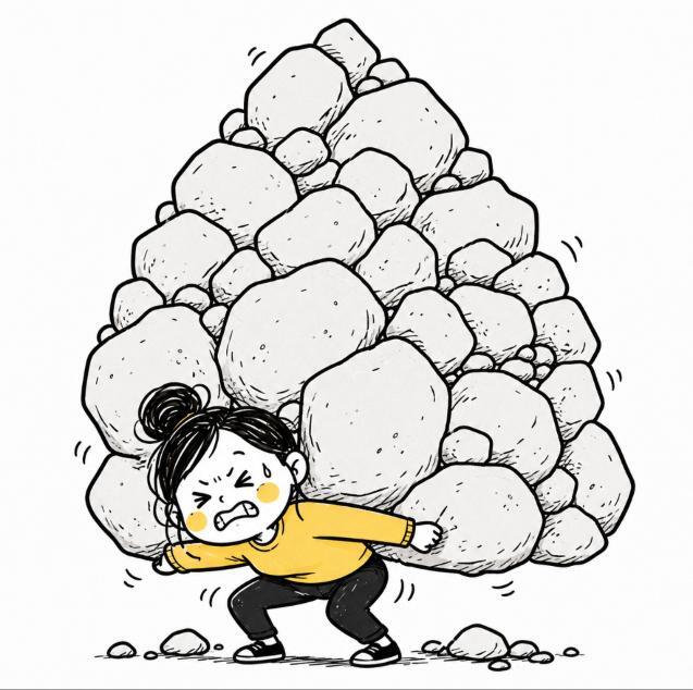Illustration: a woman trying to lift an enormous pile of rocks