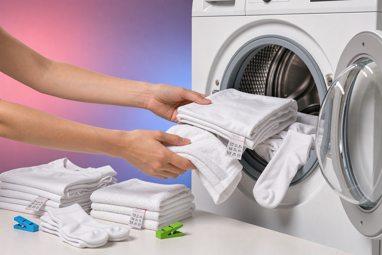 Hands loading a front-loading washing machine with white clothes, showing sorting and visible care tags, no detergents or logos visible