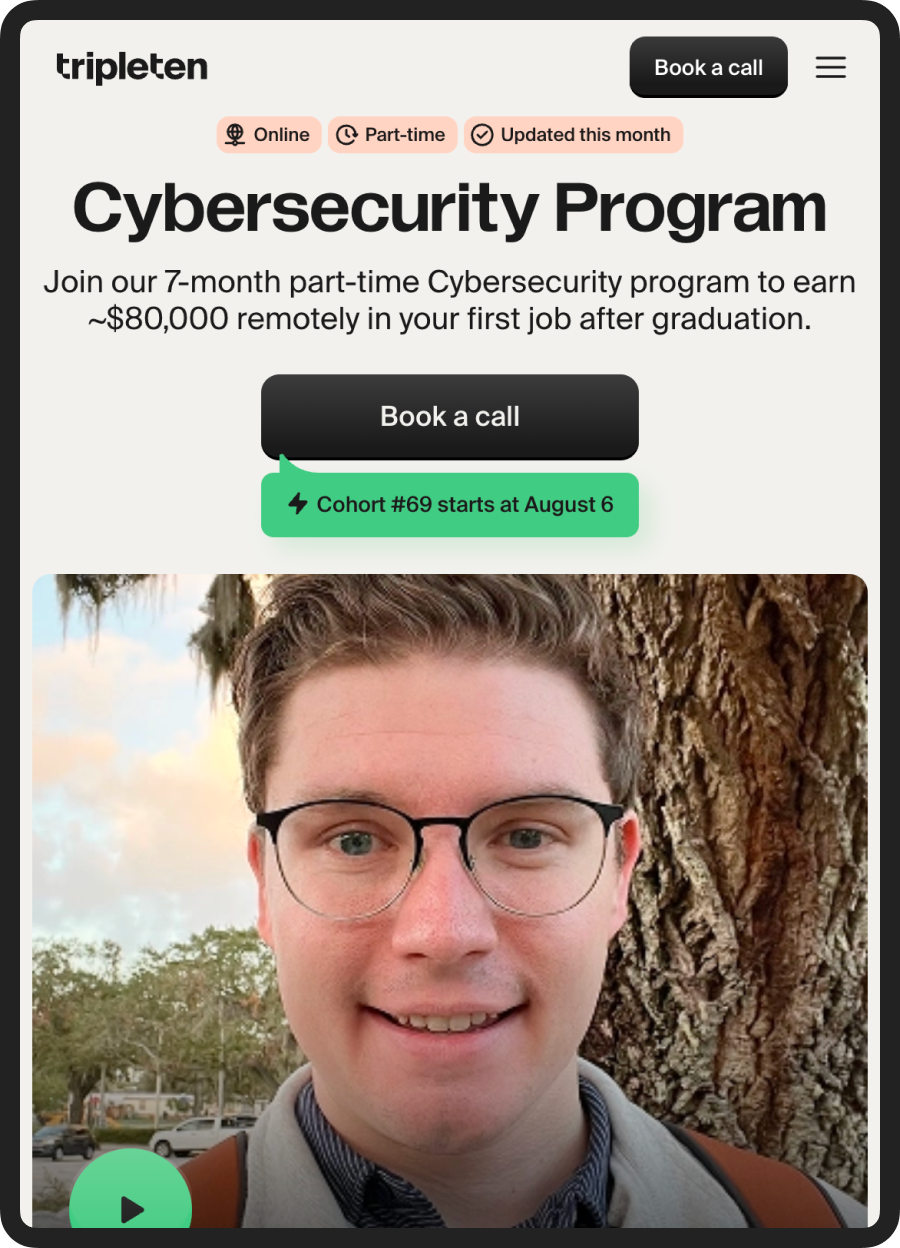 TripleTen Cybersecurity Program page, &ldquo;Join our 7-month part-time Cybersecurity program&rdquo;