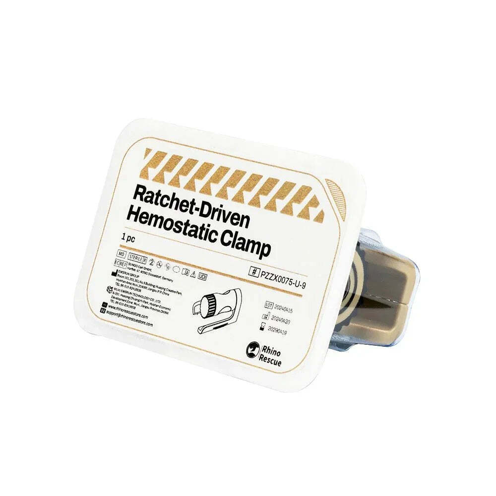 Гемостатический зажим Rhino Rescue Ratchet-Driven Hemostatic Clamp в упаковке