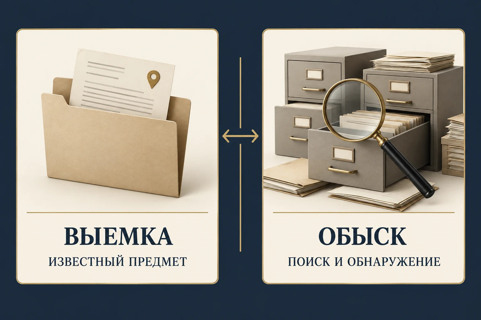 Концептуальное сравнение: при выемке предмет и его место известны, при обыске предметы обнаруживают в ходе поиска