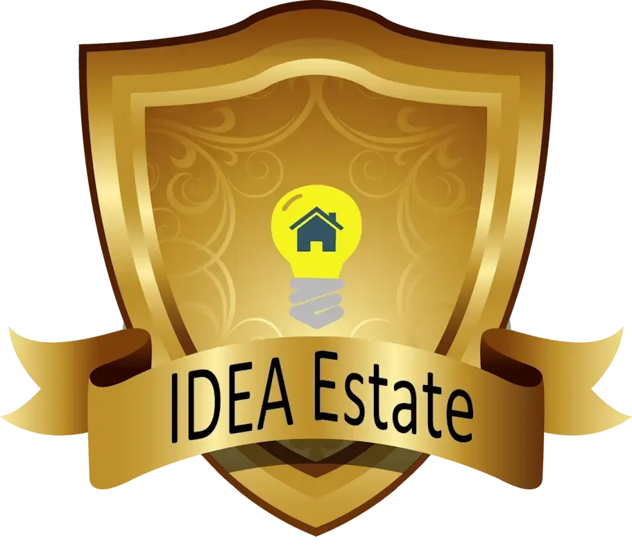 Золотой щит с логотипом и названием ипотечного агентства IDEA Estate