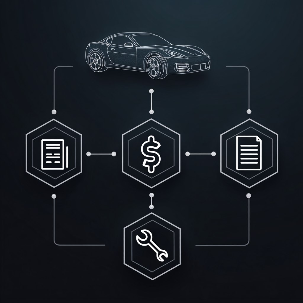 Схема блокчейн-цепочки, соединяющая иконки автомобиля, гаечного ключа (сервис), символа валюты (продажа) и документации, символизируя прозрачность истории авто.