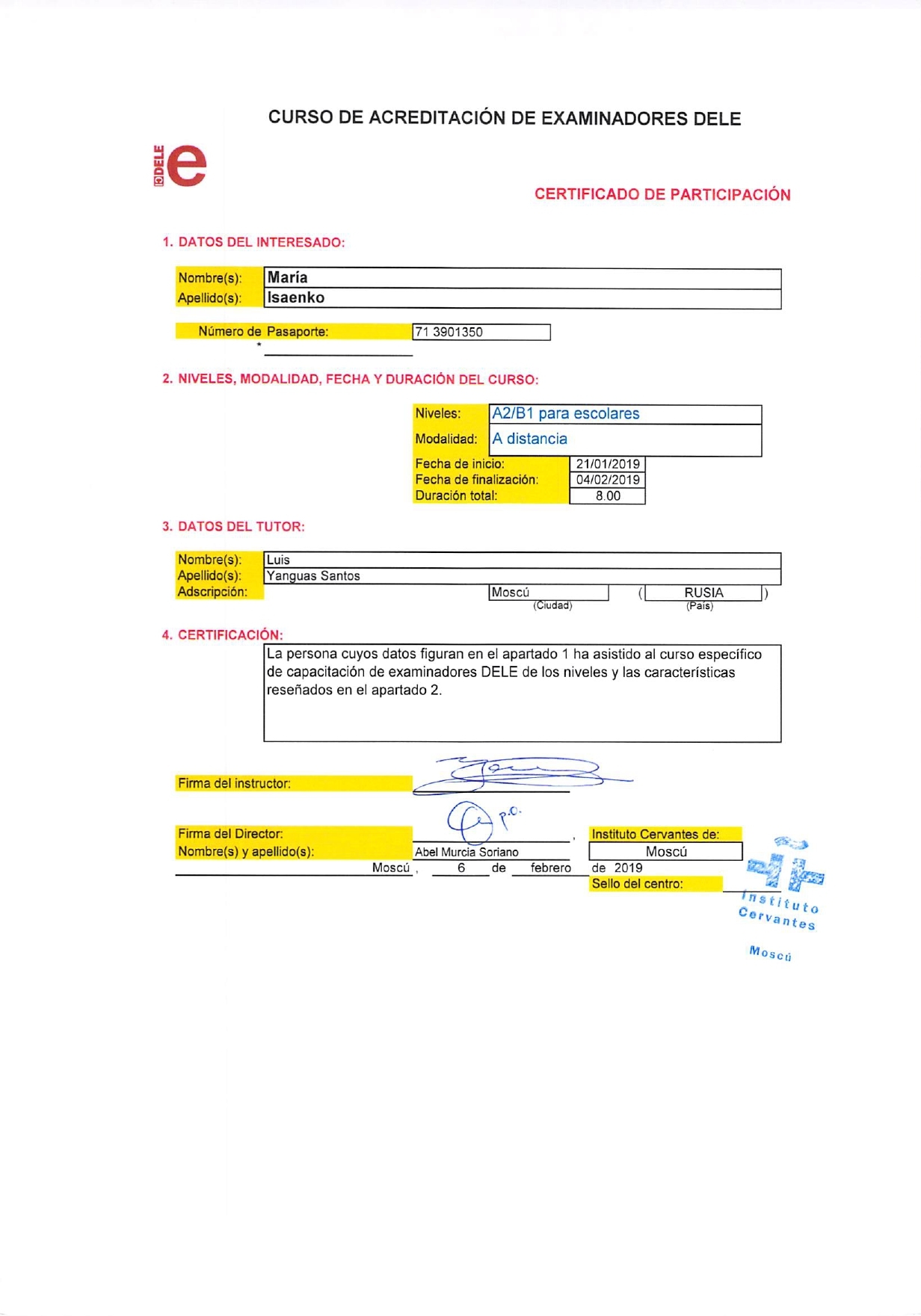 Сертификат экзаменатора DELE Escolares A2–B1