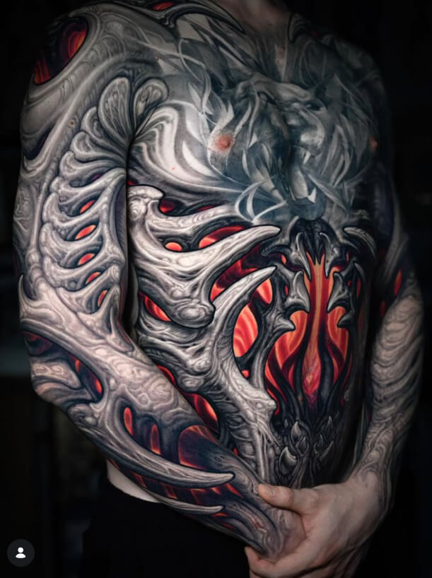 A large-scale bio-organic style tattoo covering the entire body with voluminous bone structures, skin texture, and contrasting fiery glow inside, by master Stepan Negur. Los Angeles
