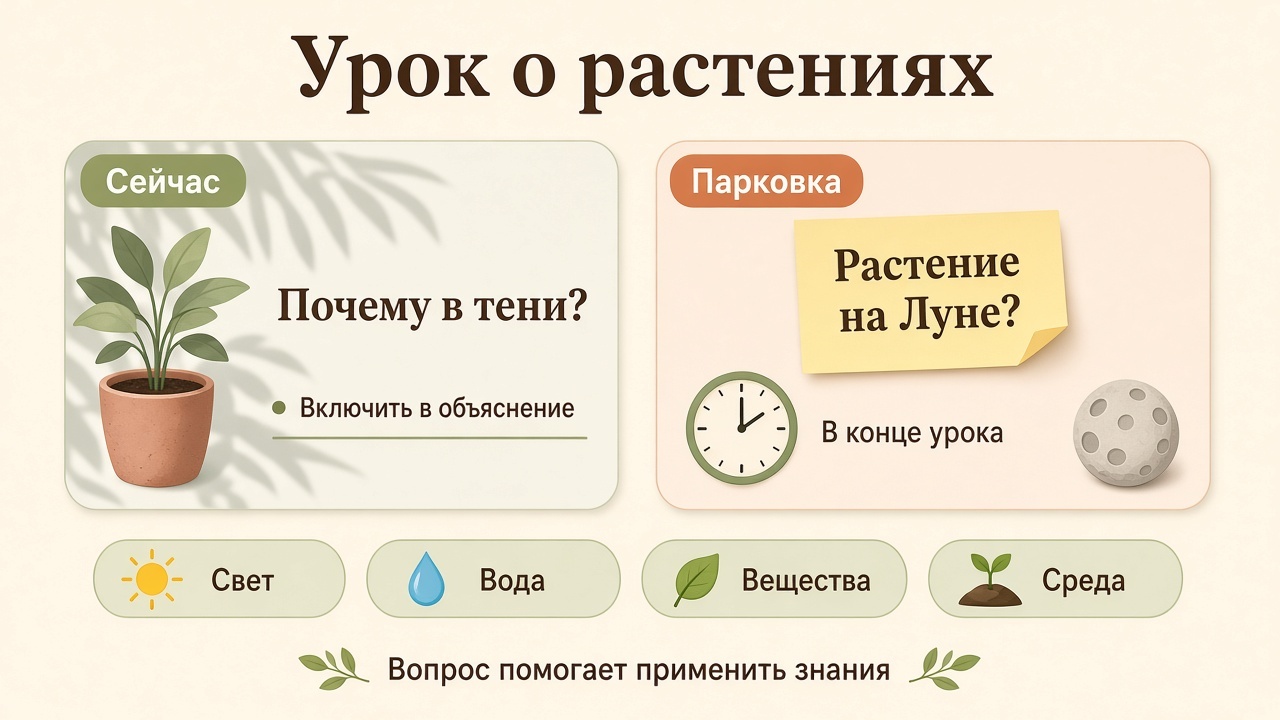 Вопрос про растения в тени включают в объяснение сразу, вопрос про растение на Луне сохраняют до конца урока