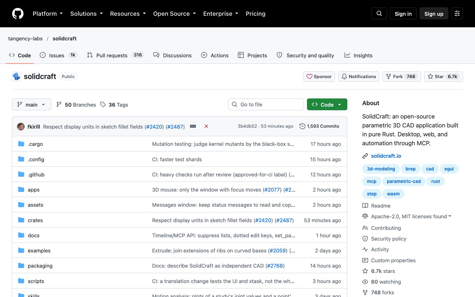 Screenshot of the tangency-labs/solidcraft repository on GitHub, which describes SolidCraft as an open-source parametric 3D CAD application built in pure Rust for desktop, web and automation through MCP