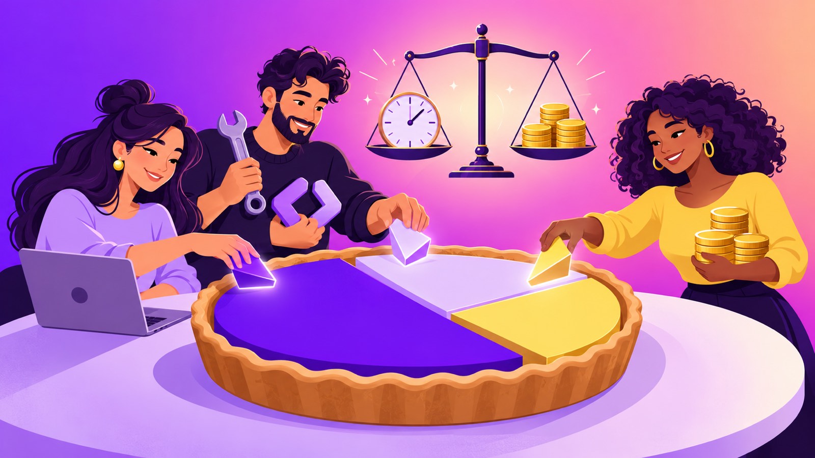 Slicing Pie Handbook summary illustration: three co-founders add slice tokens to a pie cut into unequal pieces, with a balance scale weighing time against money
